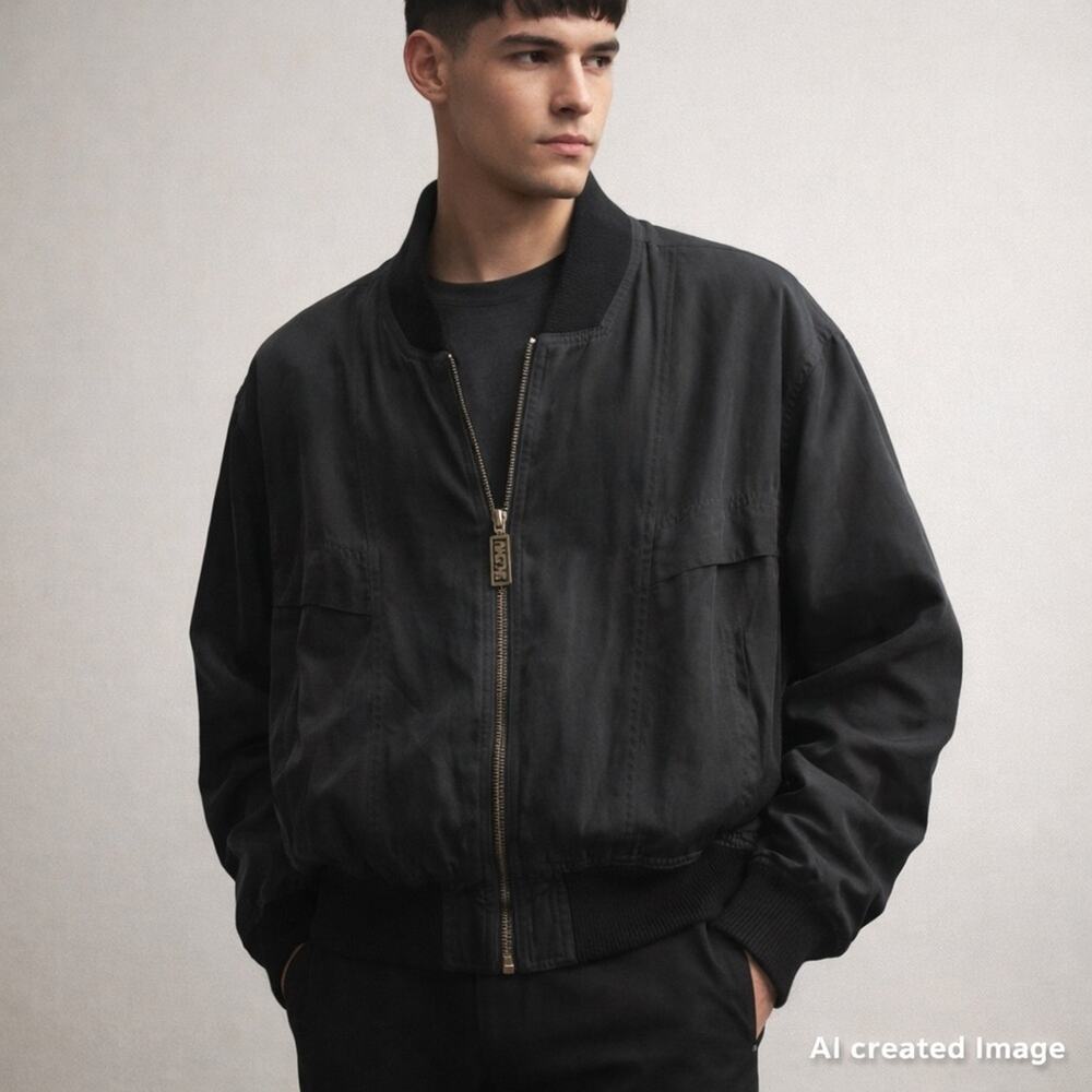 Vintage HEAD 100% Silk Charcoal Gray Black Bomber Zip Jacket | Y2K Minimalist